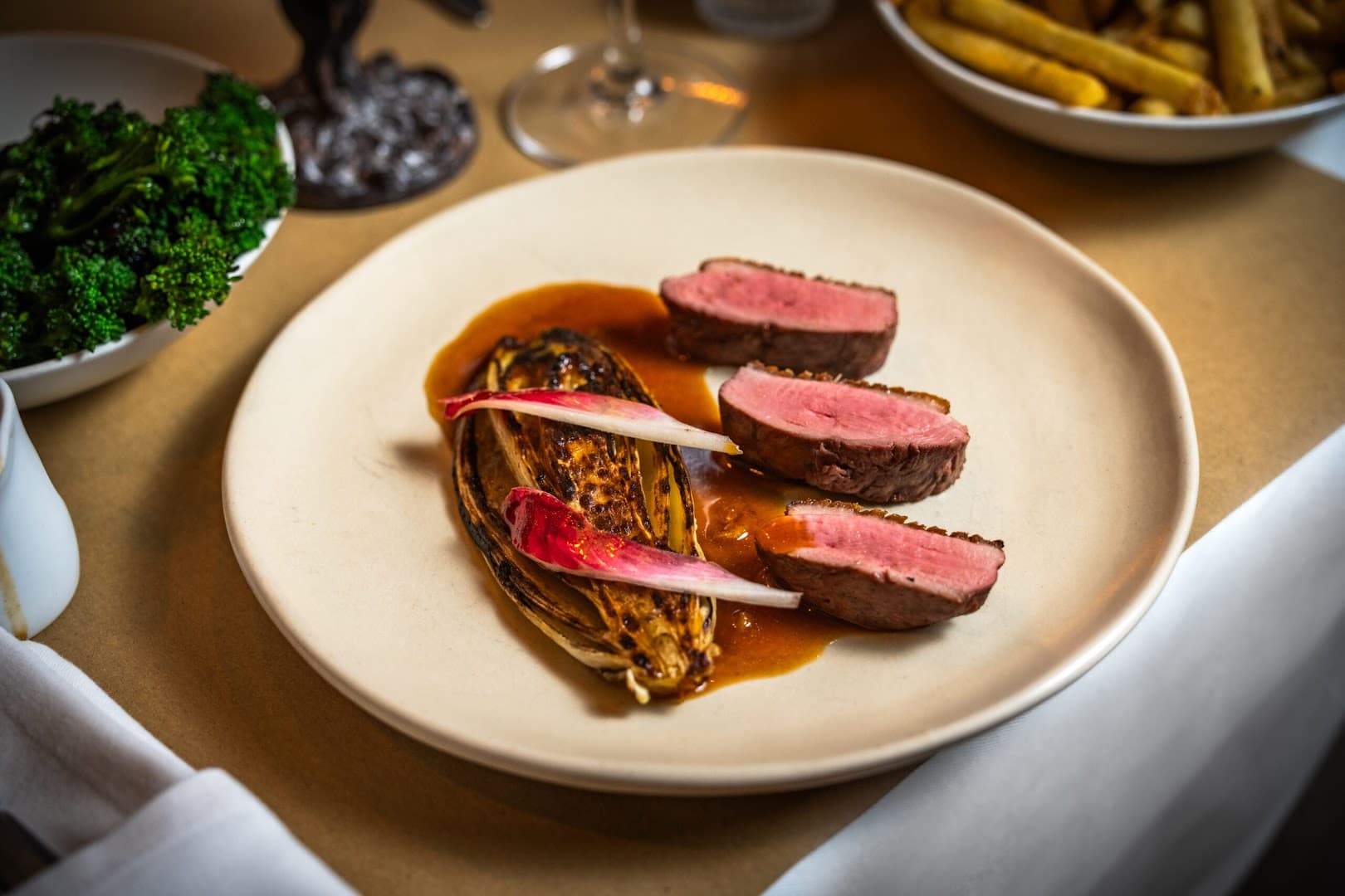 Sliced beef fillet plated dish at La Palombe Kensington, London