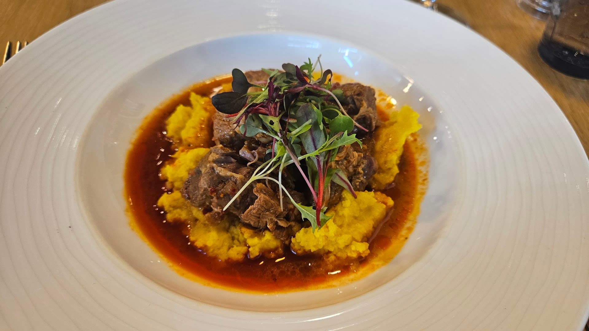 Braised beef with polenta dish at Mielo Restaurant, London