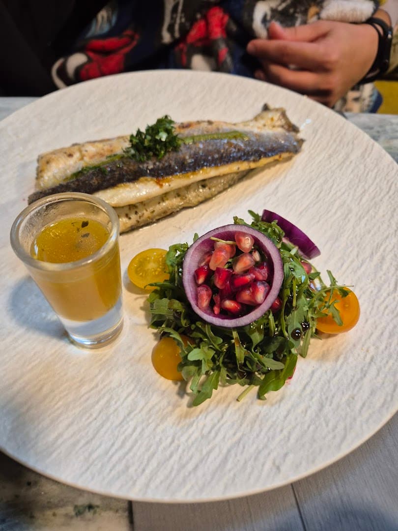 Grilled sea bass dish at Mielo Restaurant, London