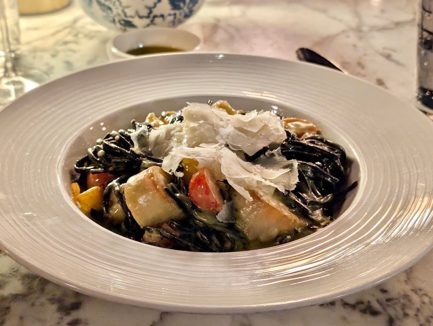 Squid ink pasta dish at Mielo Restaurant, London