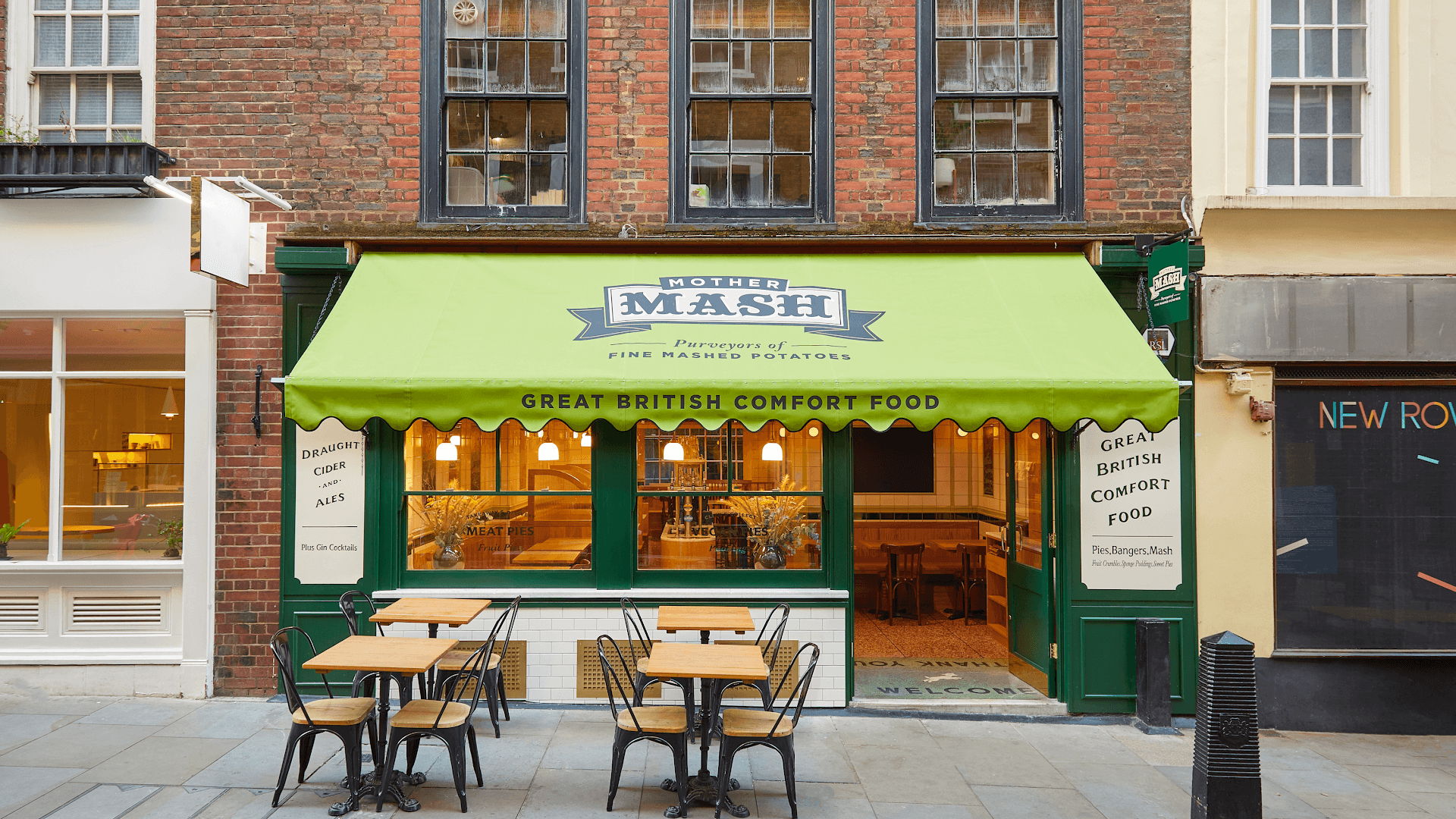 Front facade with outdoor seating at Mother Mash, Covent Garden, London