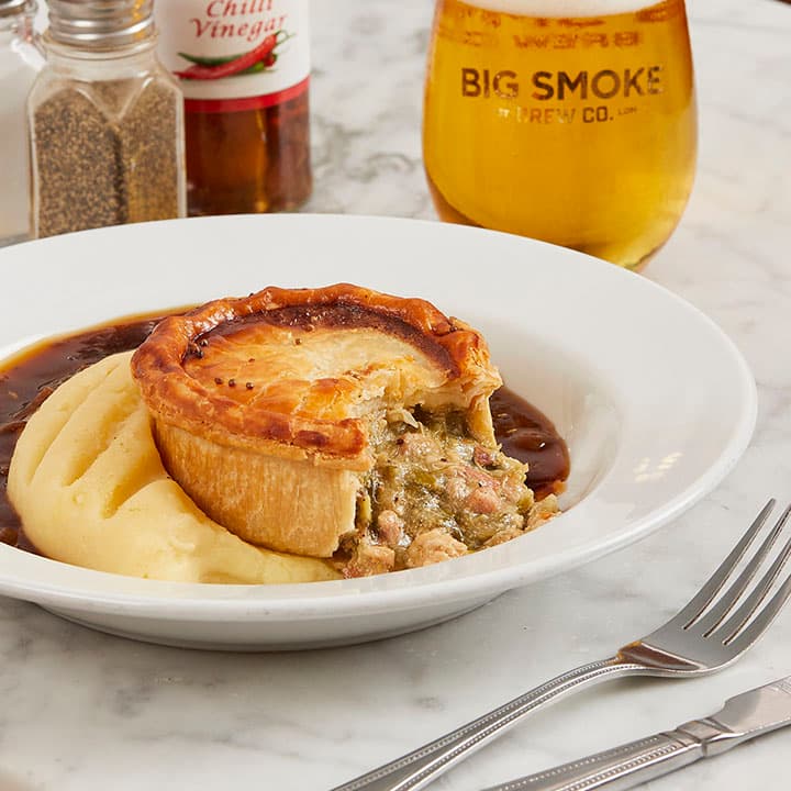 Steak pie with mash and gravy at Mother Mash, Covent Garden, London