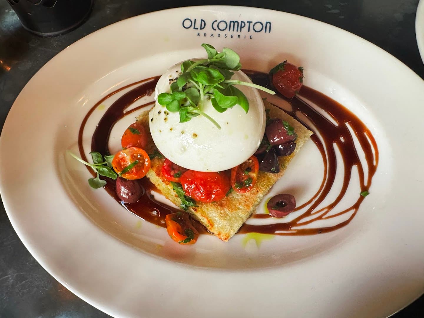 Burrata cherry tomato toast at Old Compton Brasserie, London