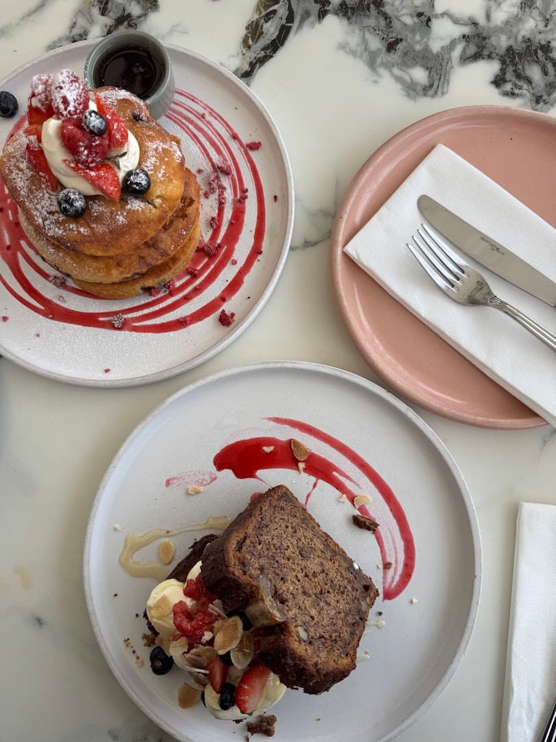 Pancakes and banana bread desserts at Peggy Jean at Riverside Green, Richmond