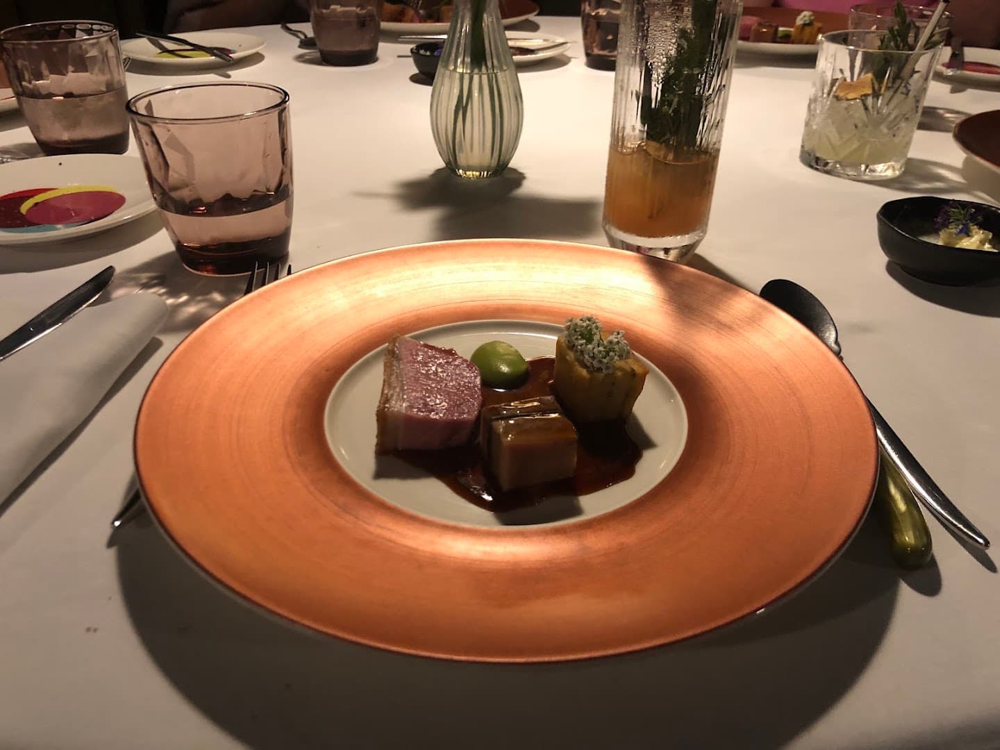 Meat course fine dining at Pied a Terre, London