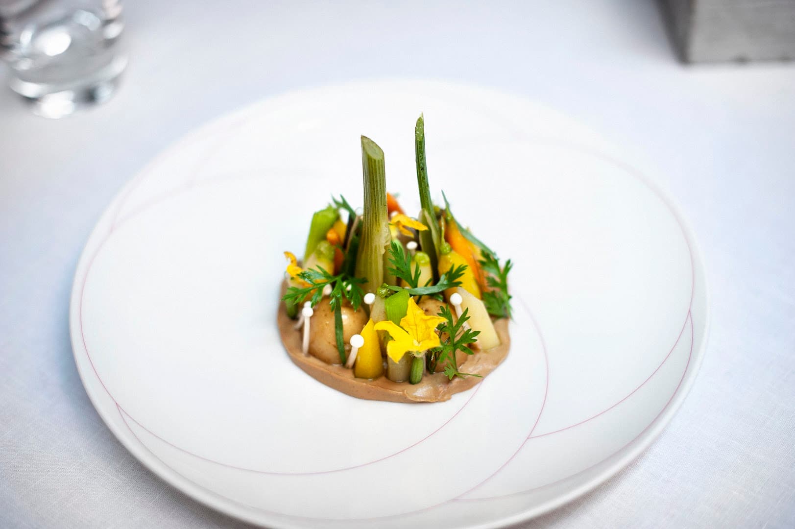Spring vegetables elegant plating at Pied a Terre, London
