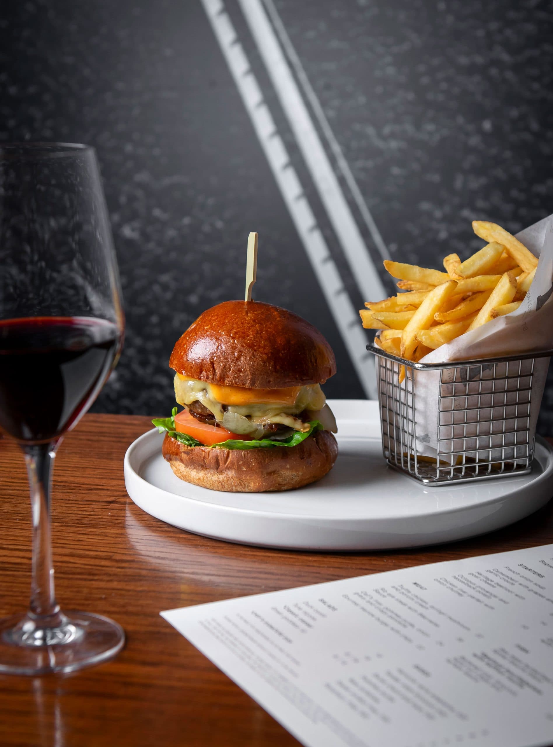 Burger and chips with red wine at Restaurant 45 St Martins Lane, London
