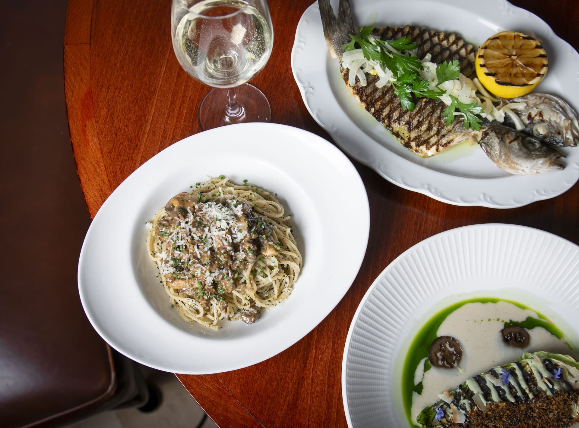 Grilled fish and pasta dishes at Restaurant 45 St Martins Lane, London