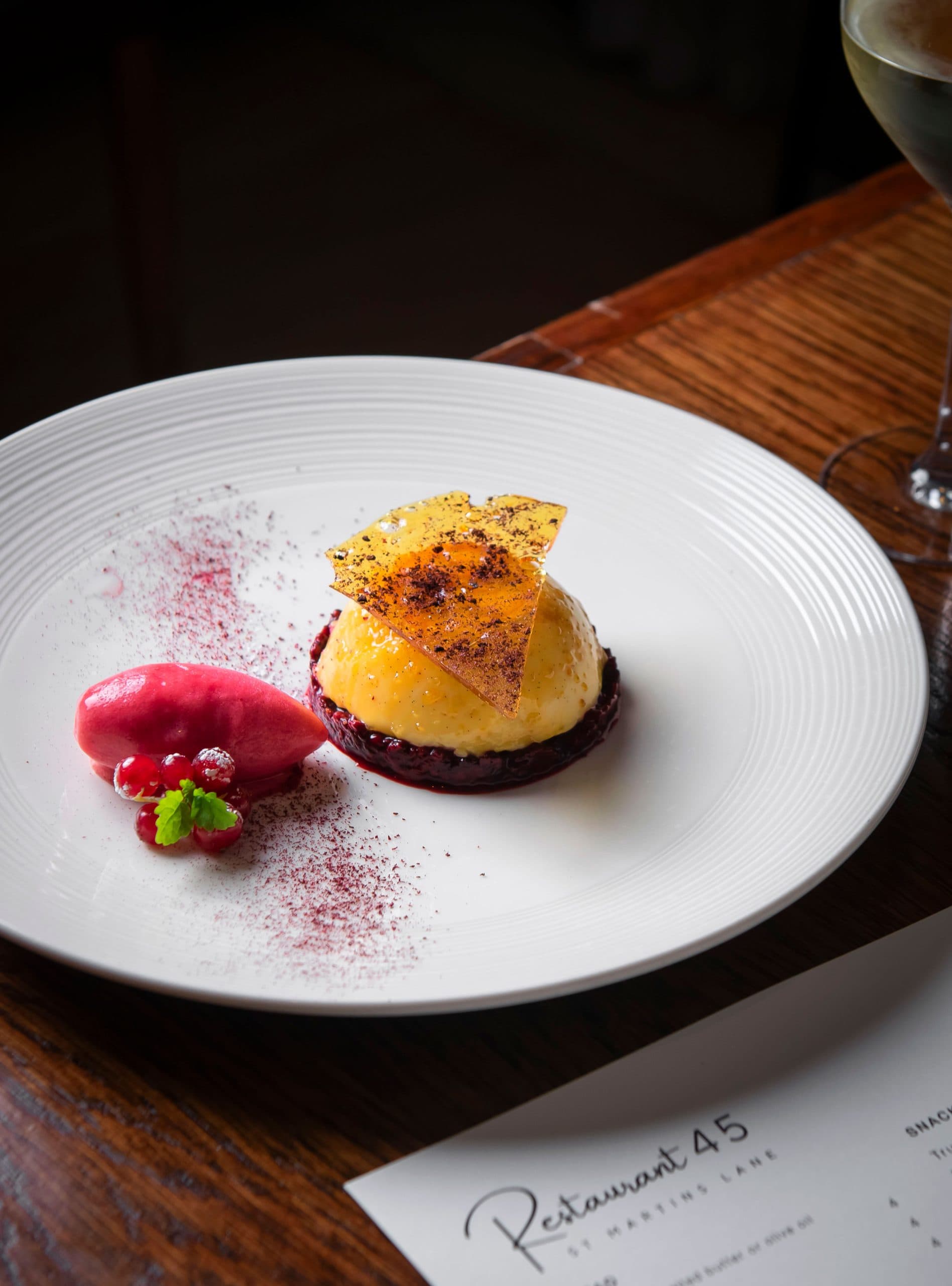 Plated dessert presentation at Restaurant 45 St Martins Lane, London
