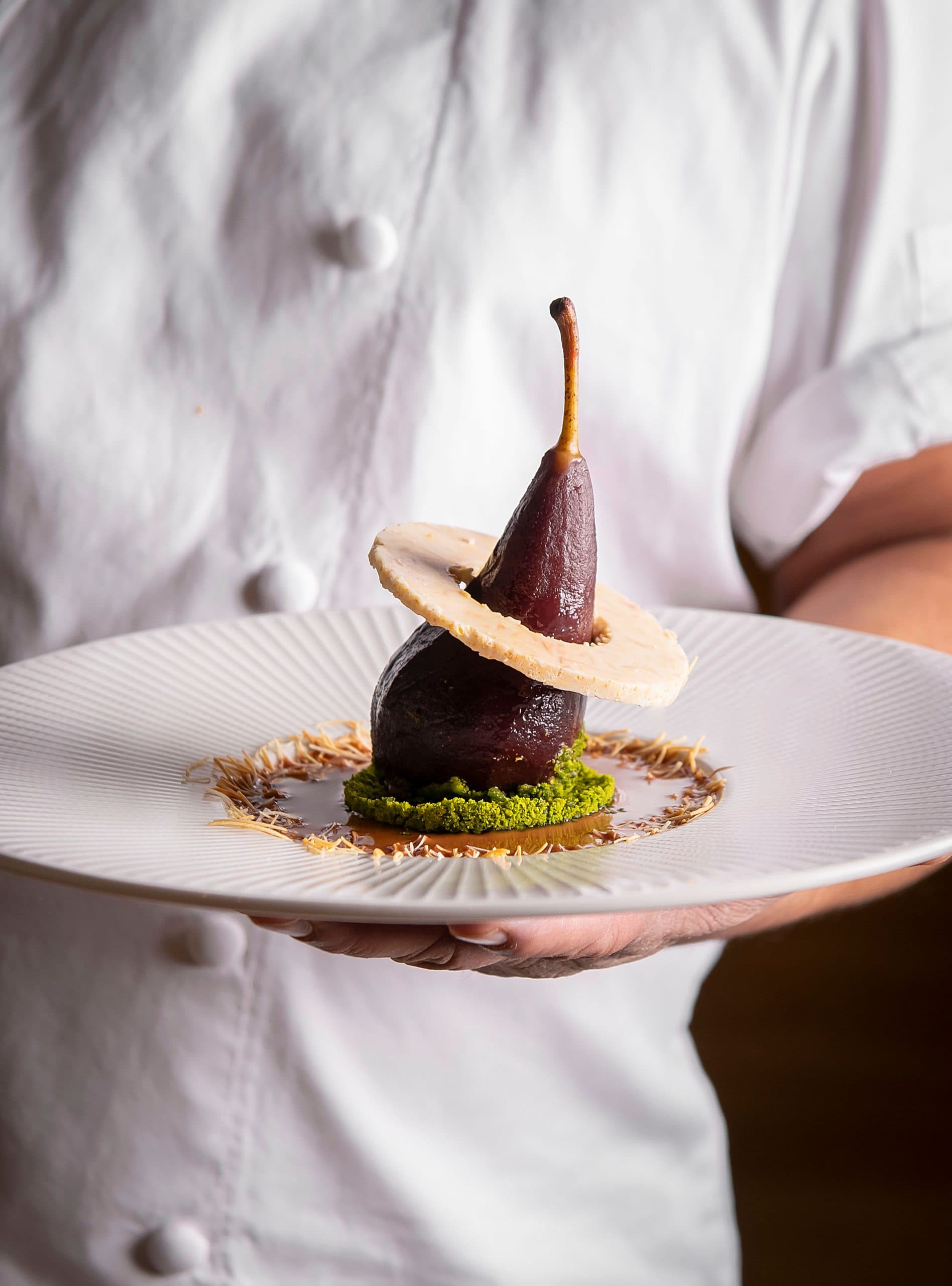 Poached pear dessert at Restaurant 45 St Martins Lane, London