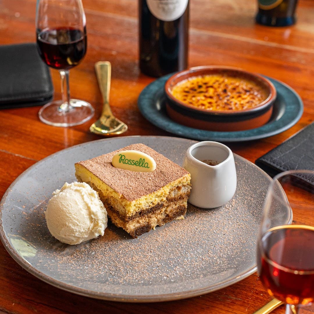 Tiramisu dessert and crème brûlée at Rossella, London