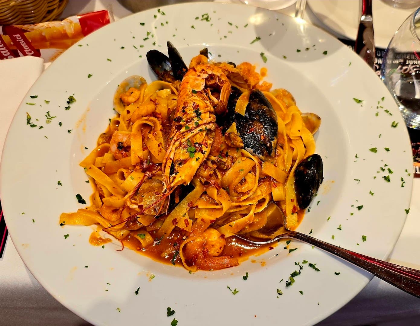 Seafood pasta fettuccine at Sergio's, London