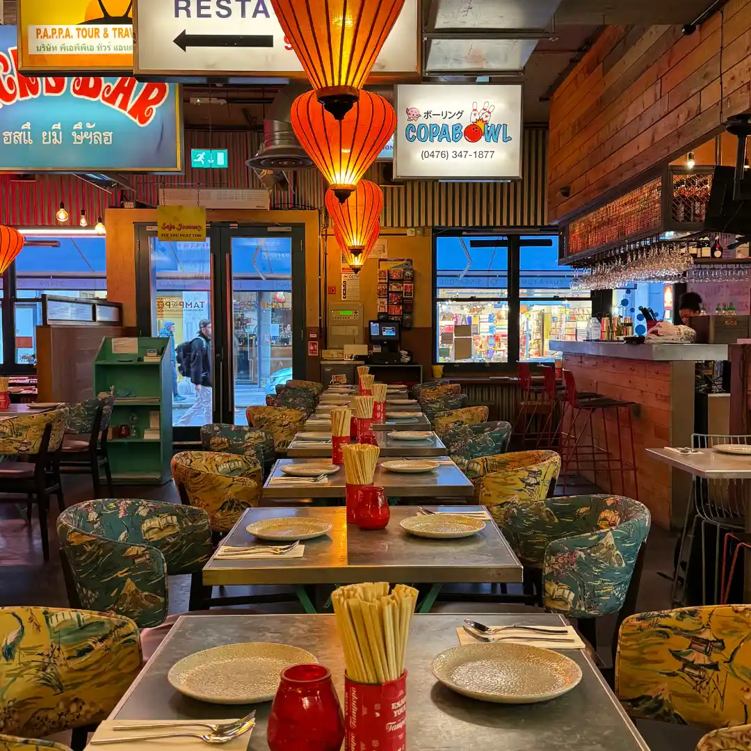 Vibrant Asian-themed dining room at Tampopo Fitzrovia, London