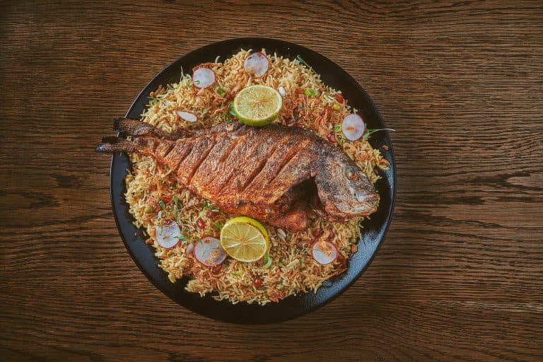 Grilled fish rice platter at The Black Lion Pub & Boutique Guesthouse, London