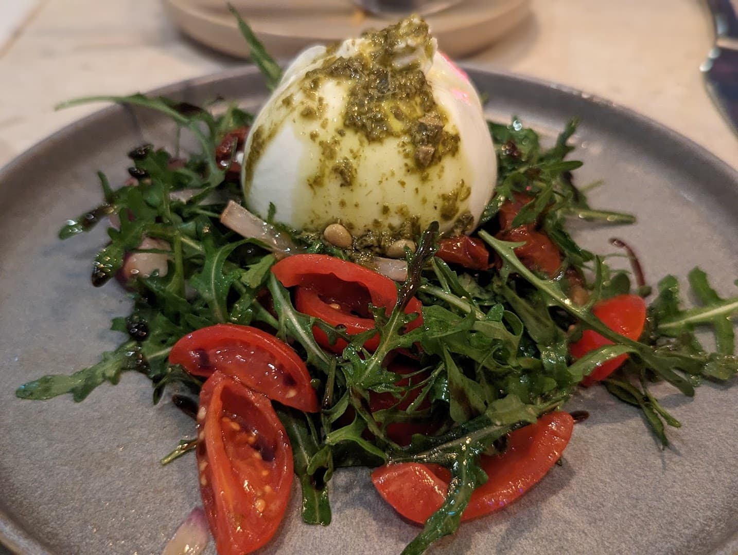 Burrata rocket pesto salad at The Chelsea Corner, London