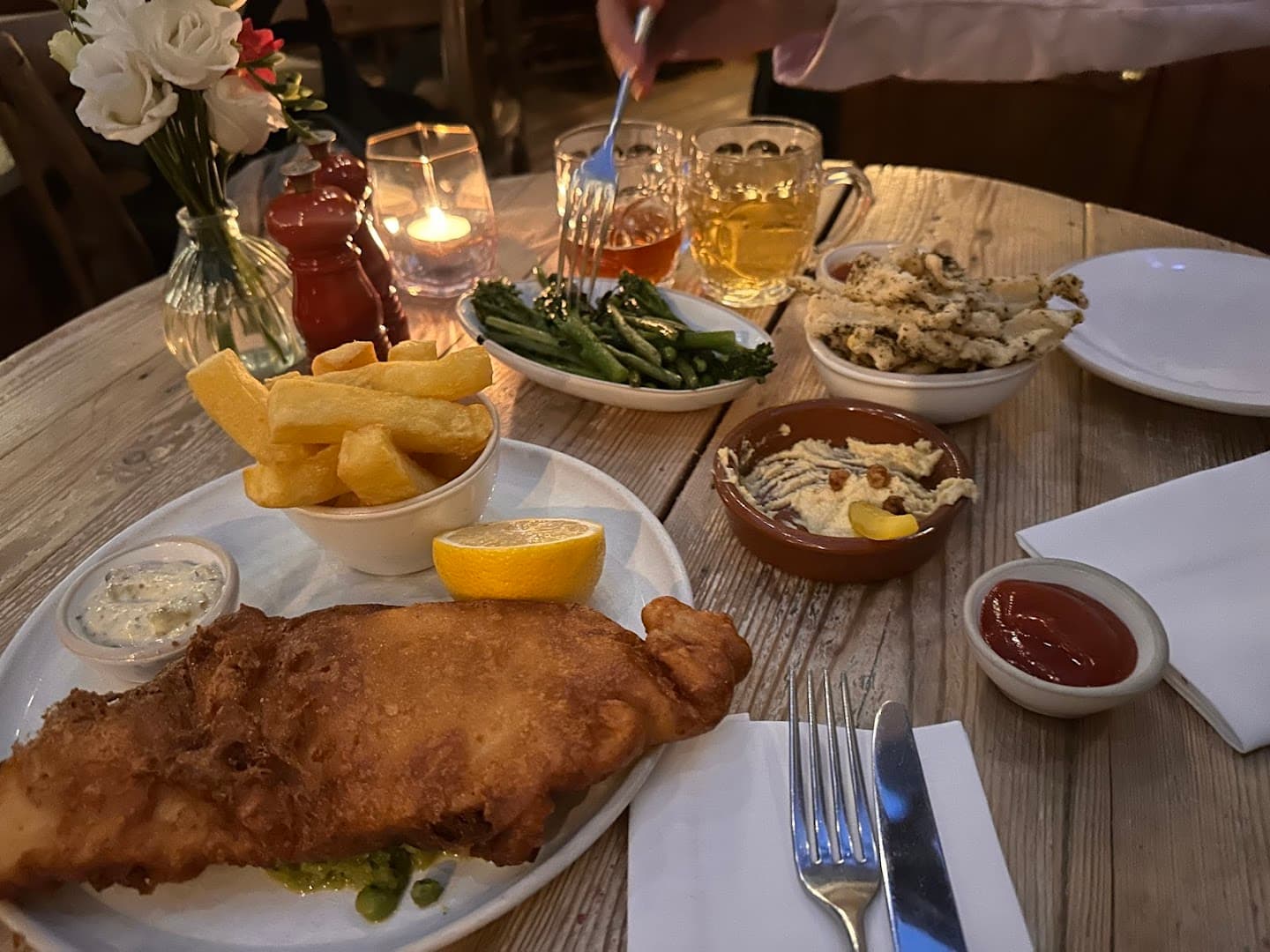 Fish and chips sharing spread at The Fox and Pheasant, London