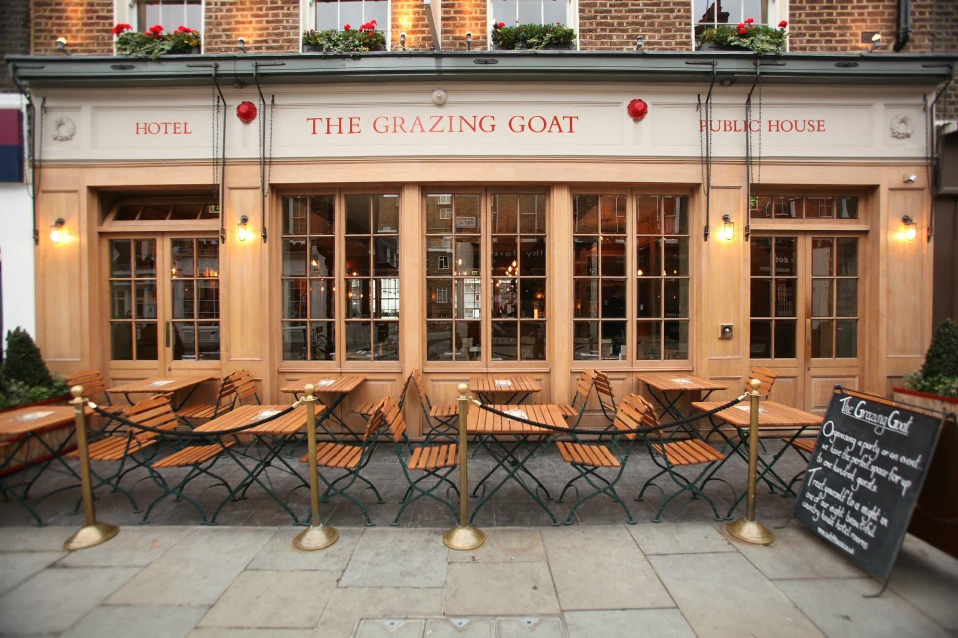 Front facade with outdoor terrace seating at The Grazing Goat Pub & Boutique Hotel, Marylebone, London