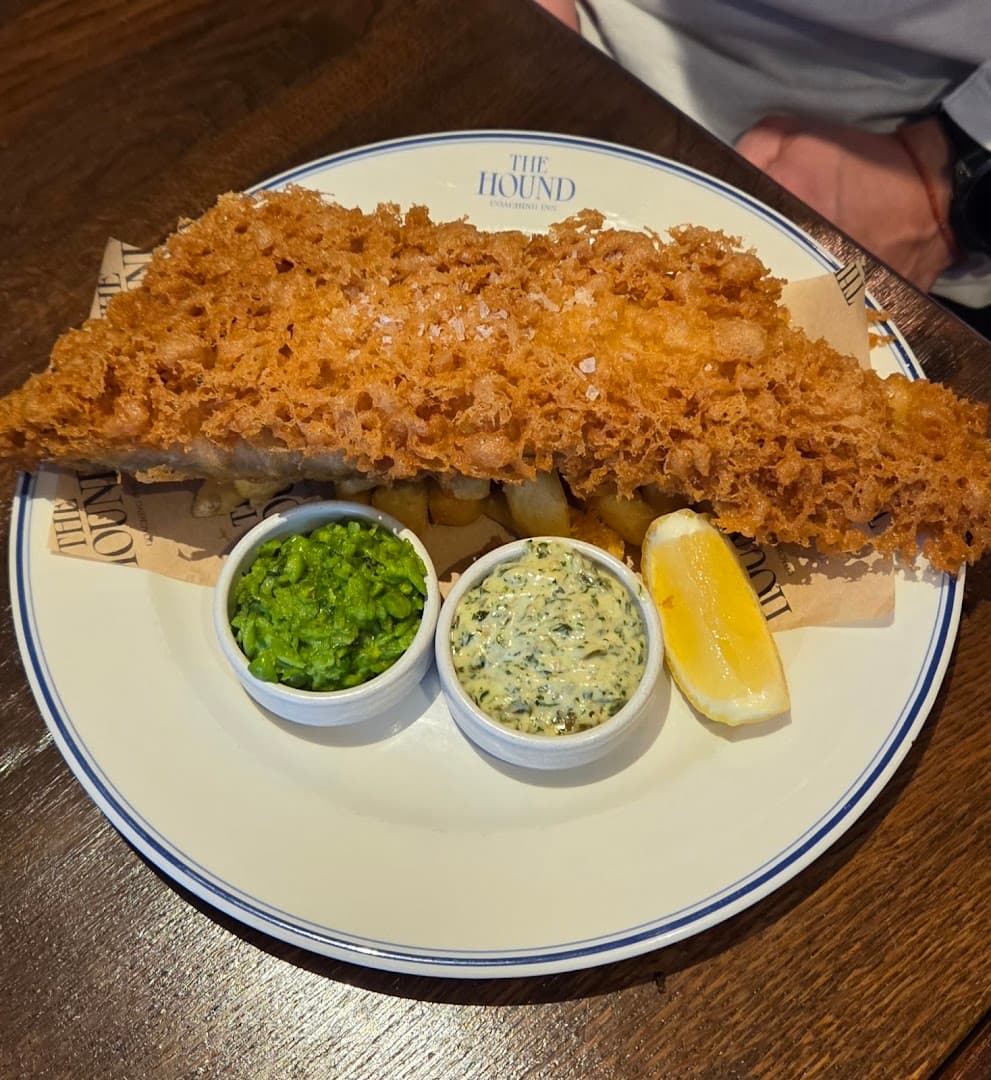 Breaded fish and chips at The Hound, London