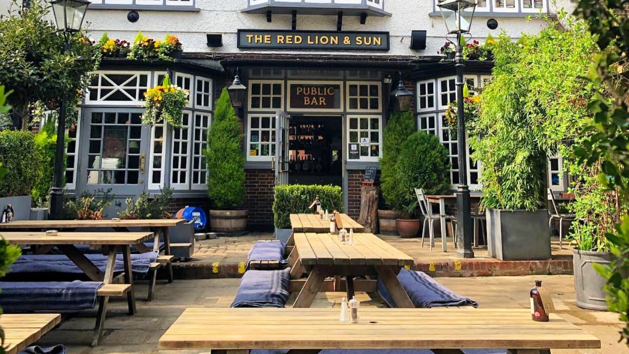 Outdoor beer garden at The Red Lion & Sun, London