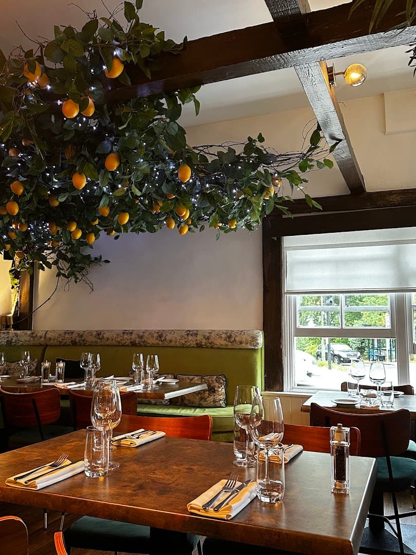 Dining room with decorative lemon tree installation at The Rising Sun, London