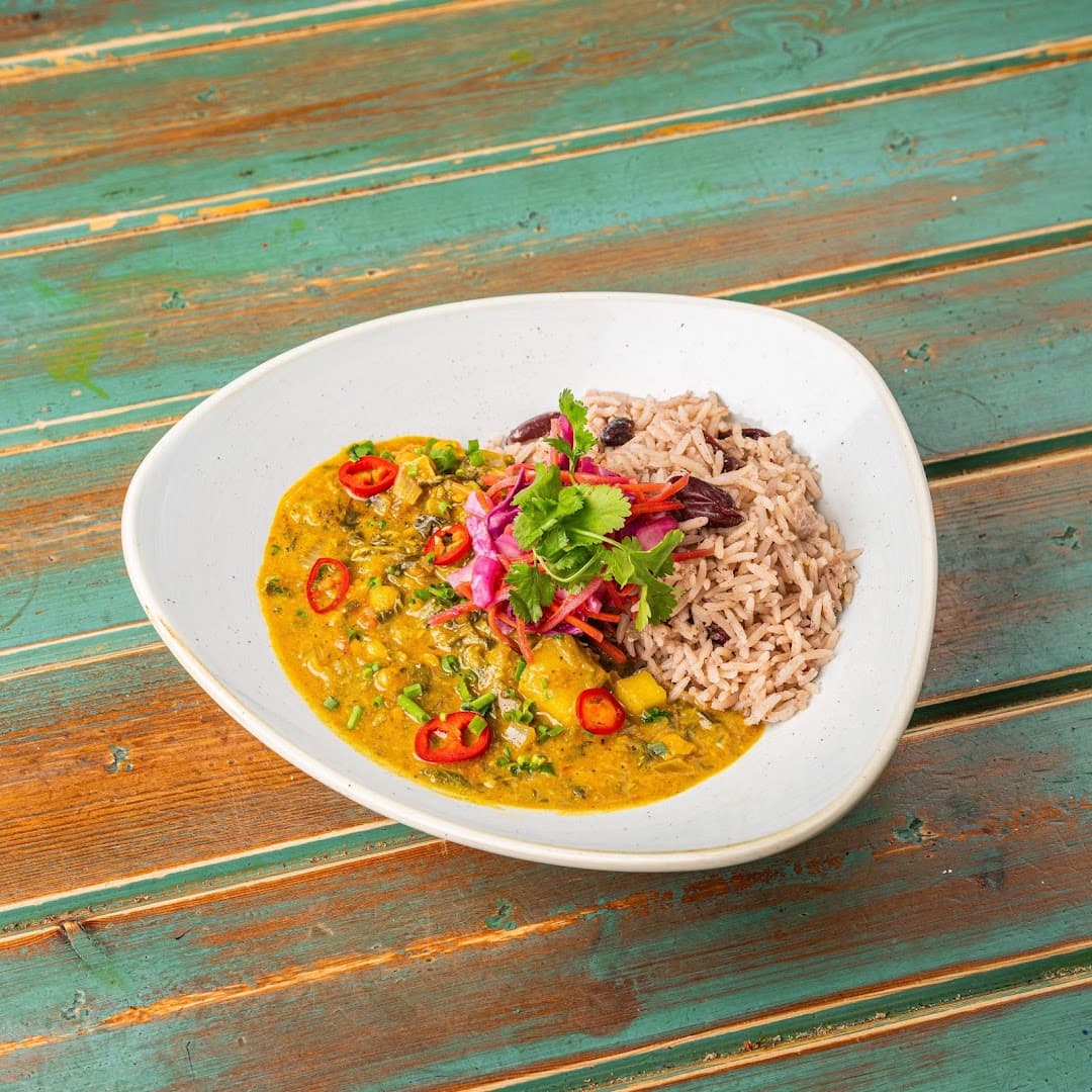 Caribbean curry with rice and peas at Turtle Bay Hammersmith, London