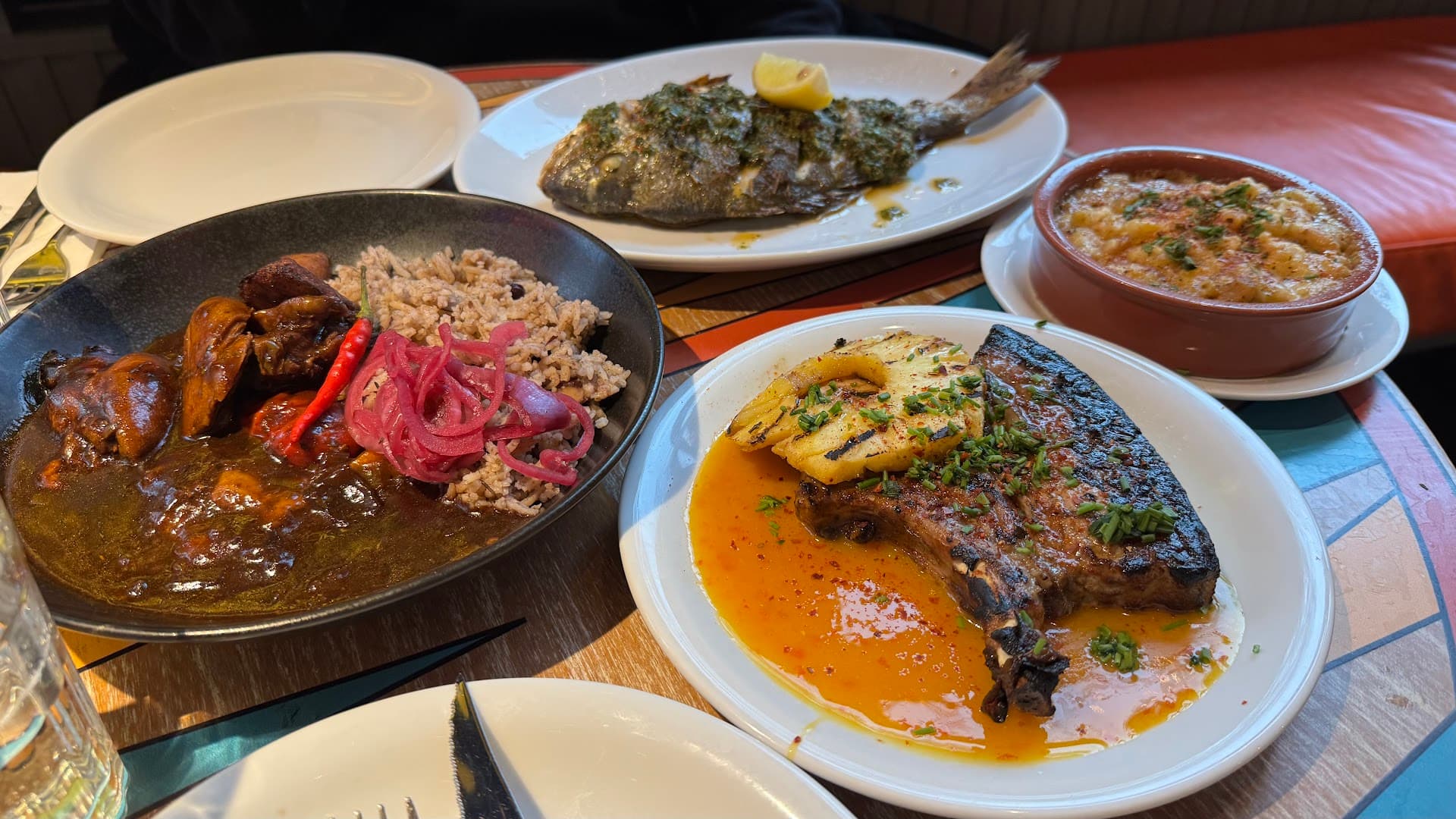 Caribbean feast spread at Turtle Bay Hammersmith, London