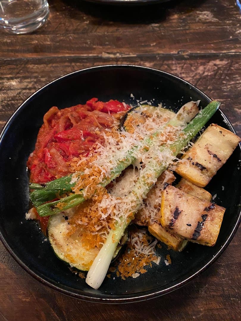 Grilled vegetables with cheese at Vins, London