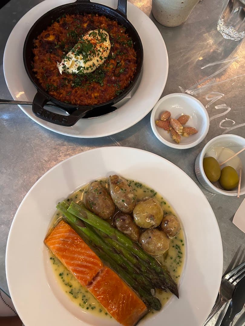 Salmon with asparagus and potatoes, and skillet dish at Westerns Laundry, London